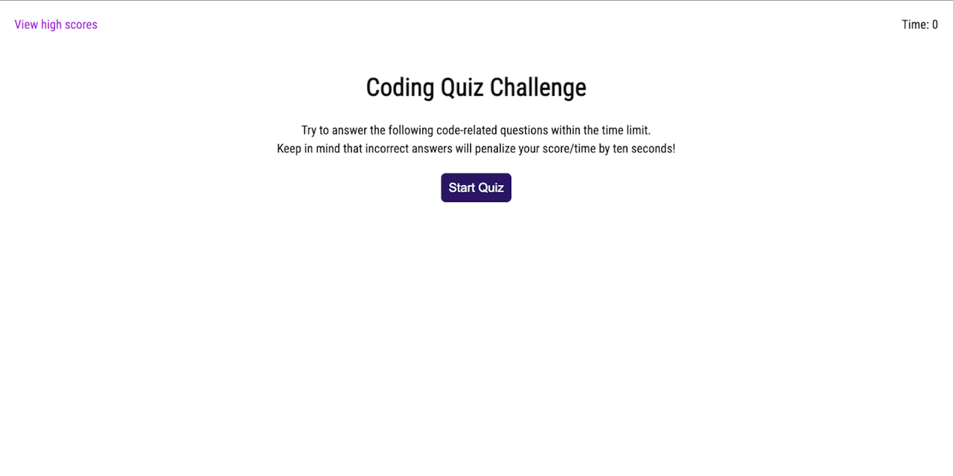 Image of the 'Code Quiz' website's dashboard.