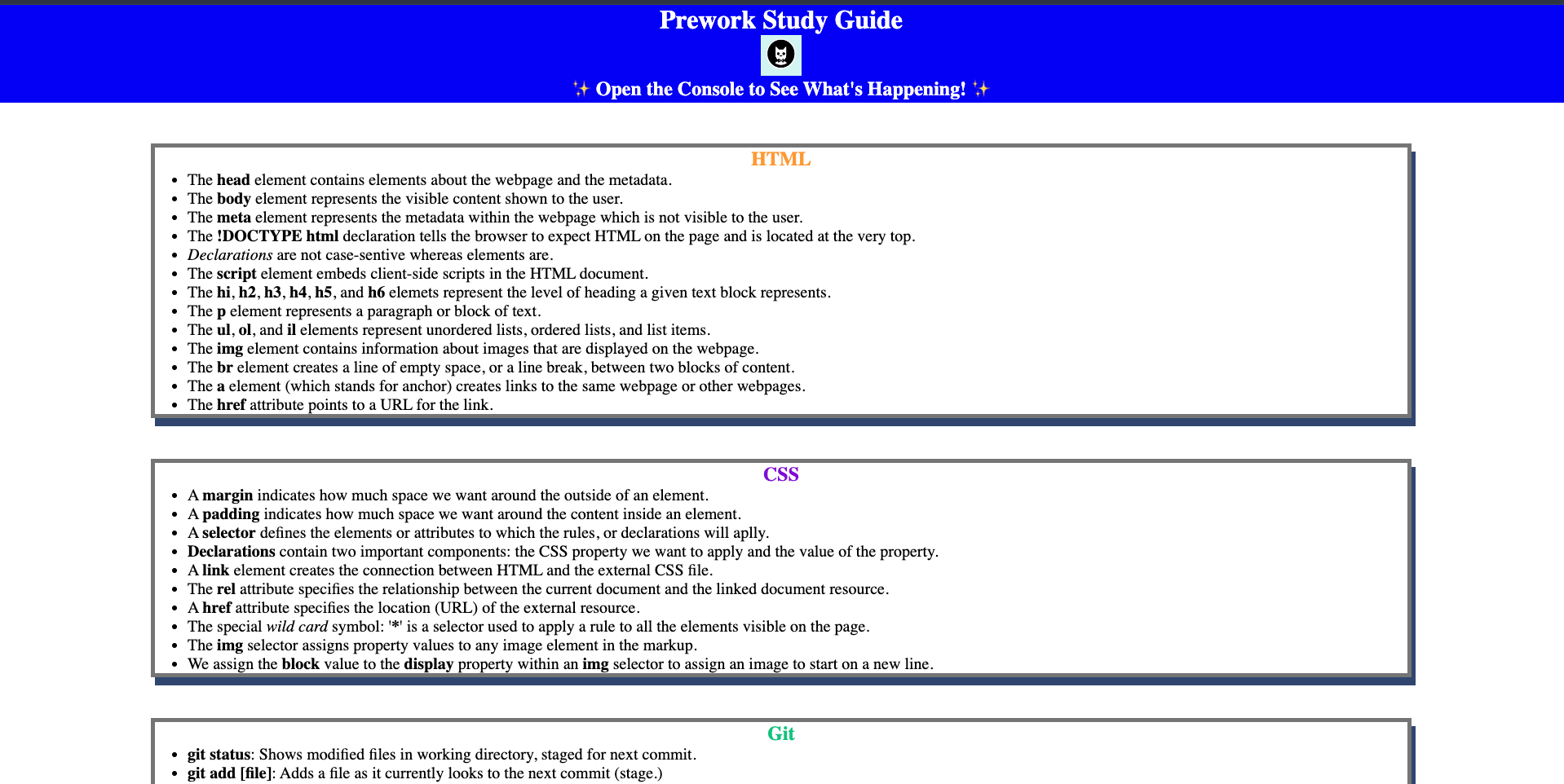 Image of the deployed application 'Prework Study Guide'.