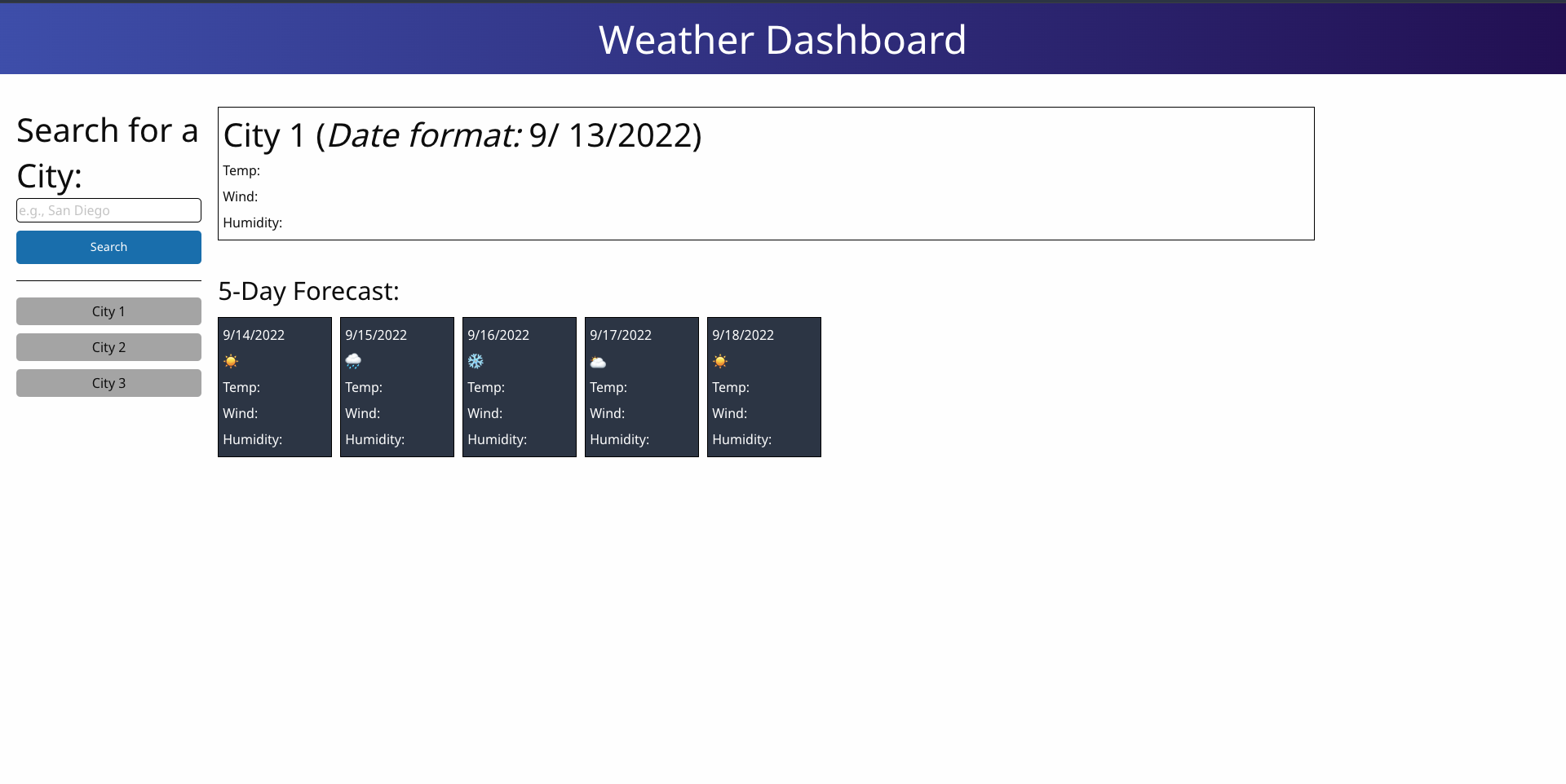 Image of the 'Weather Dashboard' website's dashboard.